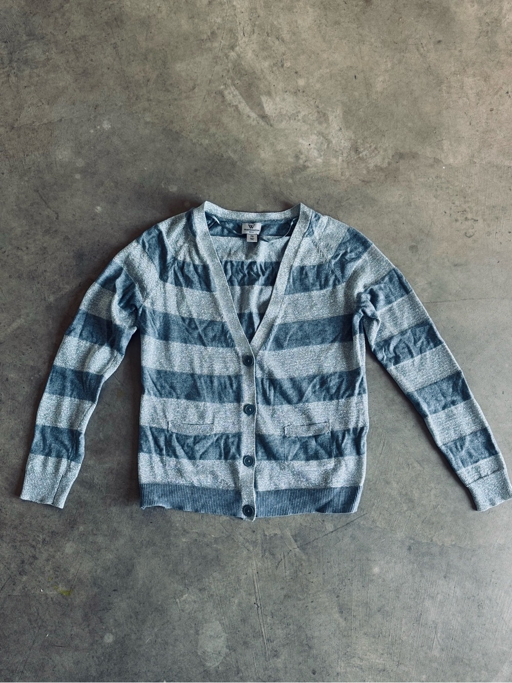 Worthington Cute Striped V-Neck Button Cardigan Sweater Grey/Silver Metallic PS